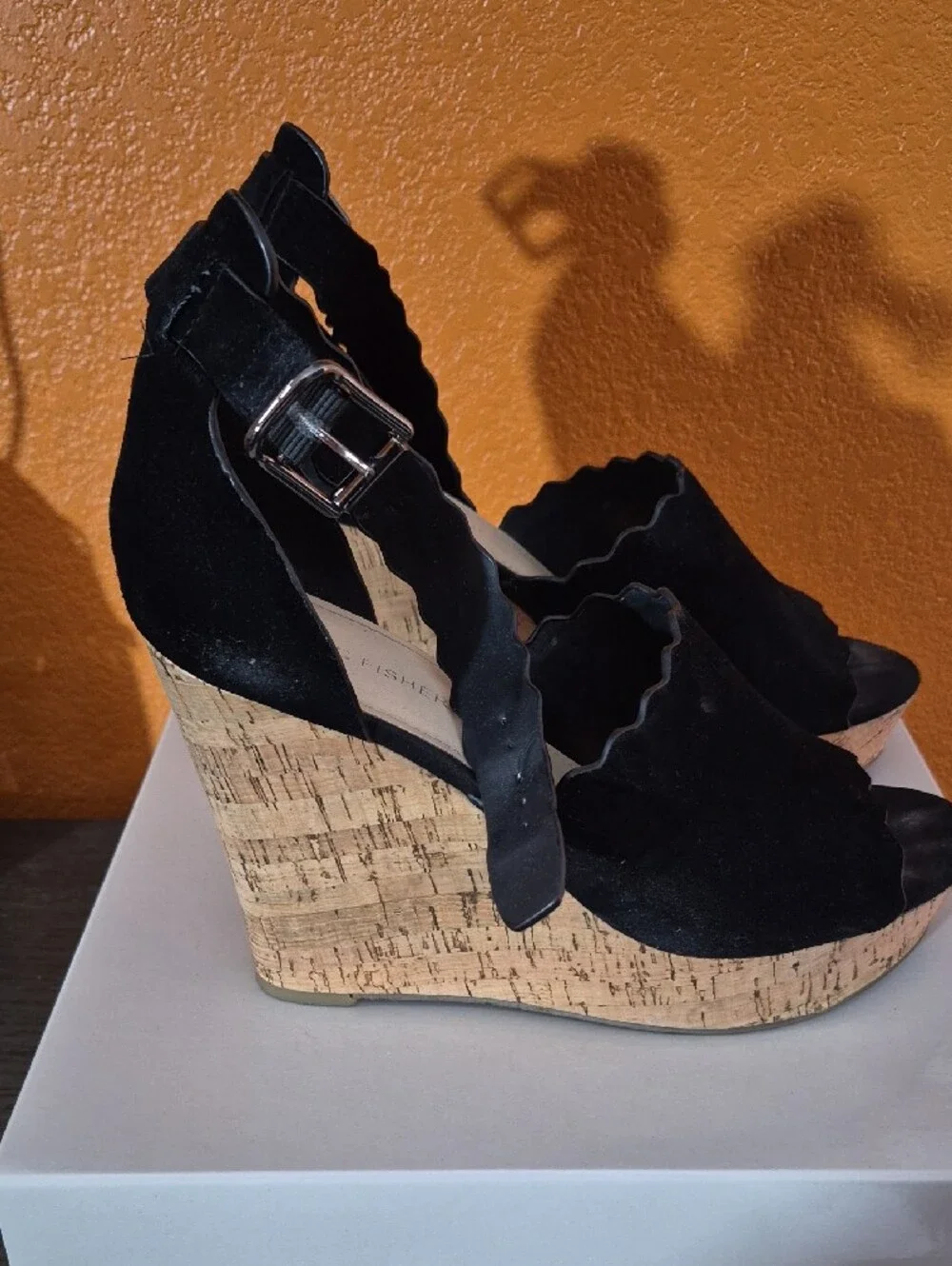 Marc Fisher Black Suede Scallop Ankle-Strap Platform Wedges